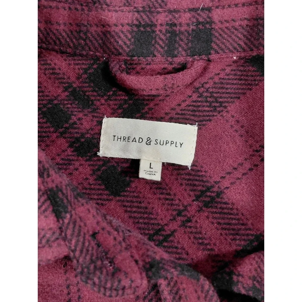 Thread & Supply Fleece Button Down Shirt Dress LG Long Coat Burgundy Plaid